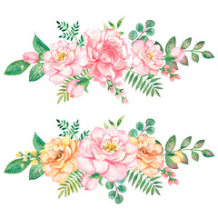 Watercolor floral composition with delicate roses for greeting cards.