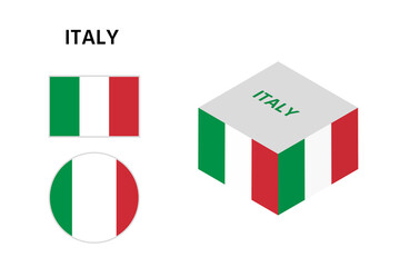 Isometric and flat flag, Italy flag, square and round shape