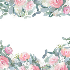 Square pink floral bakground. Painted roses flowers, eucalyptus leaves and cotton branches. Watercolour illustration on white background