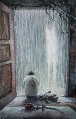 Great rain and the sad man, watercolor