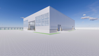 Warehouse or industry building interior exterior. Use as distribution center for loading, storage, warehousing, shipping and freight forwarding of cargo. Empty space, concrete floor inside. 3d render.