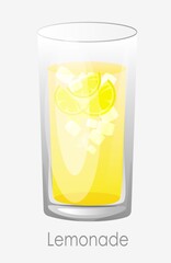 Lemonade ice glass. Yellow lemon juice ice cubes lemon slices large transparent glass citrus tropical freshness vector freshness simple clipart fruit cocktail.