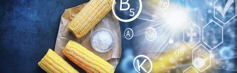 Freshly made fragrant ear of corn with salt. Farm snack of fresh corn. Healthy breakfast and...