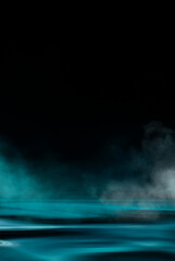 Dramatic dark background. Reflection of light on the water. Smoke fog. Empty futuristic scene. Night water landscape.