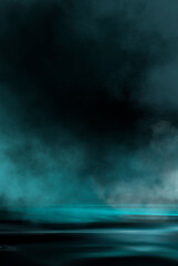 Dramatic dark background. Reflection of light on the water. Smoke fog. Empty futuristic scene. Night water landscape.