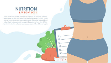 Healthy woman body with diet plan checklist on clipboard, measuring tape, fruits and vegetables. Healthy diet, weight loss and nutrition consultation concept. Flat vector illustration. Copy space.