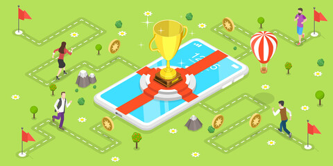 Naklejka premium 3D Isometric Flat Vector Concept of Mobile Gaming, Gamification Marketing Campaign, Interactive Content, Customer Engagement.
