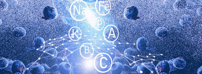 Water drops on ripe sweet blueberry. Fresh blueberries background with copy space for your text. Vegan and vegetarian concept.