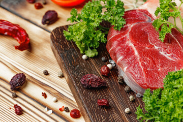 Raw meat slice for grill with seasoning