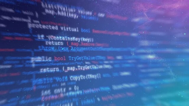 Abstract animation of programming source code. Digital technology background in virtual reality. Seamless loop 4K motion graphic.