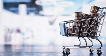 Background shopping trolley. Concept of shopping for groceries and things. Weekend shop.