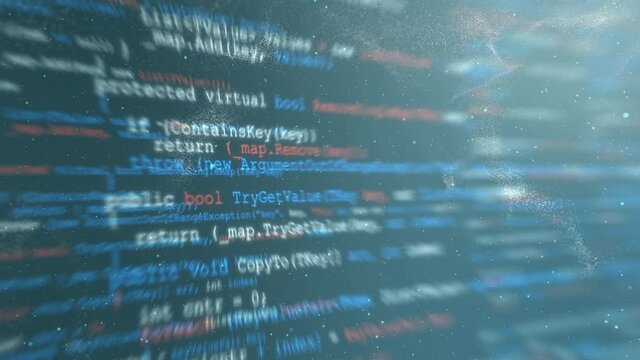 Abstract animation of programming source code. Digital technology background in virtual reality. Seamless loop 4K motion graphic.