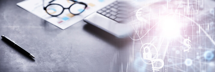 Working time symbolizes the desktop. Office desk with papers from an insurance manager and banker. Office worker at the table. The concept of lack of time.