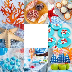 Sea and summer time theme for party or birthday. Collage of five pictures of sweets, cupcakes, pop cakes