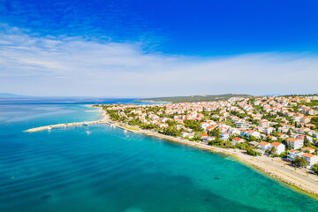 Fototapeta na wymiar Croatia, beautiful Adriatic town of Novalja on the island of Pag, aerial view from drone