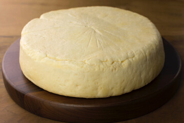 Semi cured Brazilian Canastra chesse in wood background