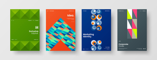 Fototapeta premium Company identity brochure template collection. Business presentation vector A4 vertical orientation front page mock up set. Corporate report cover abstract geometric illustration design layout bundle.
