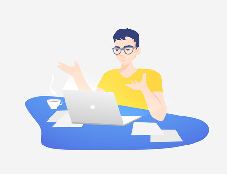 Emotional guy in a yellow T-shirt and glasses is stressed from remote work. Online homeschooling. Yellow blue bright design