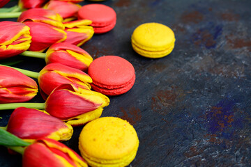 Close-up of bright red-yellow tulips and multi-colored macaroons on a blue background.