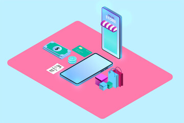 Online shopping with mobile,Isometric objects,vecter illustration for graphic design website or banner