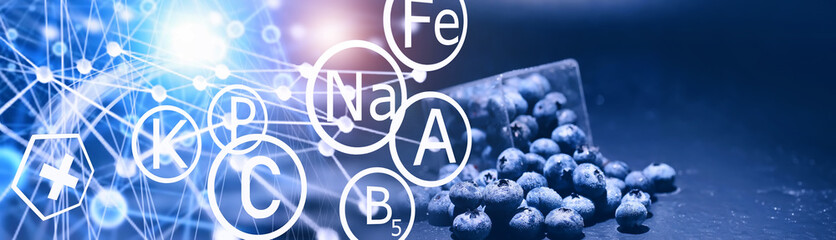Fototapeta premium Water drops on ripe sweet blueberry. Fresh blueberries background with copy space for your text. Vegan and vegetarian concept. Macro texture of blueberry berries.