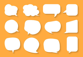 Comic speech bubble set. Cartoon empty text box clouds on orange background. Abstract icon different shapes flat blank doodle bubbles. Comics message balloon template. Isolated vector illustration