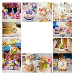 summer time theme for party or birthday. Collage of five pictures of sweets, cupcakes, pop cakes.