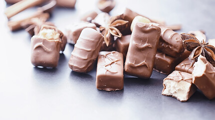 Chocolate bars on a black background in backlight. Chocolate with filling. Sweet sweets for snack and tea.