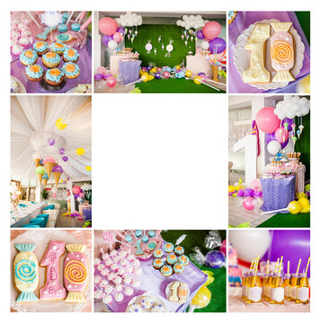 summer time theme for party or birthday. Collage of five pictures of sweets, cupcakes, pop cakes.