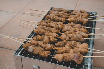 Satay is a Southeast Asian dish of seasoned, skewered and grilled meat, served with a sauce. It is from Indonesia and popular in Malaysia, Philippines, Singapore, Thailand, and Brunei.