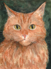 Portrait of a red cat, watercolor illustration