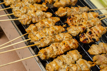 Satay is a Southeast Asian dish of seasoned, skewered and grilled meat, served with a sauce. It is from Indonesia and popular in Malaysia, Philippines, Singapore, Thailand, and Brunei.