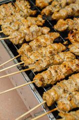 Satay is a Southeast Asian dish of seasoned, skewered and grilled meat, served with a sauce. It is from Indonesia and popular in Malaysia, Philippines, Singapore, Thailand, and Brunei.