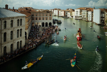 Historical Regatta on Grand Canal. Day view of the Grand Canal and the historic regatta in Venice, Italy.