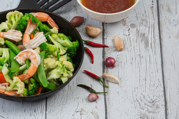 Stir fried mixed vegetables with shrimp.