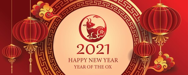 Happy new year 2021 / Chinese new year / Year of the ox / Zodiac sign for greetings card, invitation, posters, brochure, calendar, flyers, banners.