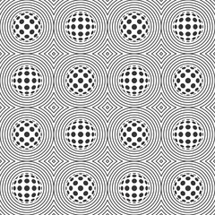 Abstract Circle illusion Pattern monochrome vector background. Fisheye 3D effect vector illustration. Geometric seamless pattern with rounded shapes, diamond shapes and circles. 