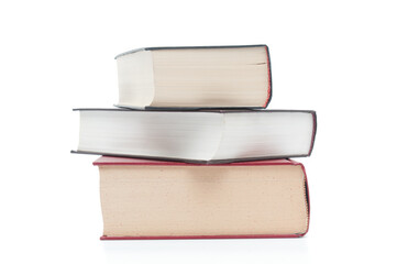 Stack of books close up isolated on white background