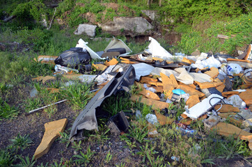 Spring landscape.Ecology of Ukraine. Nature near Ukrainian capital. Environmental contamination. Illegal junk dump.