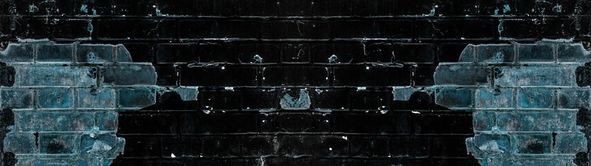 Blue black abstract painted dark damaged rustic brick wall masonry texture banner panorama, with...