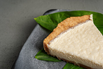 Vegetarian cheesecake on a gray plate with green leaves close-up