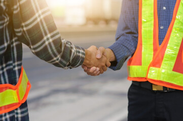 Teamwork Engineer shake hand agreement deal project construction success,Technician support partner...