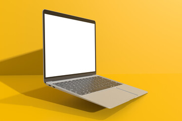 Side view Modern Laptop mockup computer open white screen with shadow on yellow background for...