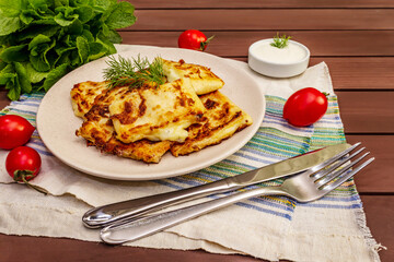 Hot appetizer - pita bread with cheese and herbs. Vegetarian healthy food