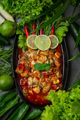 Spicy fresh oyster salad and Thai food ingredients