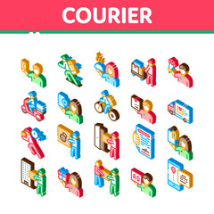 Courier Delivery Job Icons Set Vector. Isometric Courier On Scooter And Bicycle, Truck And Agreement, Weight Box And Flowers Illustrations