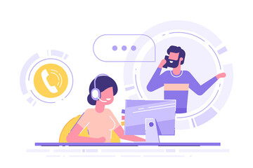Woman with headset is sitting at her computer and  talking with client. Clients assistance, call center, hotline operator, consultant manager, technical support and customer care. Vector illustration.