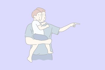 Father and son concept, Man held his son. Then pointed his hand something with drawing character vector.