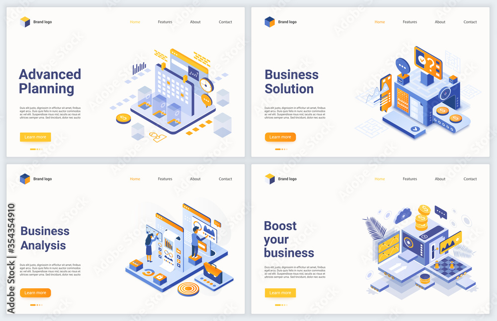 Poster Isometric business data analysis process vector illustration. Modern concept interface design set for mobile website with cartoon 3d digital technology, processing, analyzing financial database report