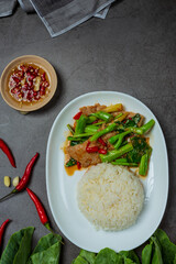 Stir fried kale with pork and hot smoky rice.